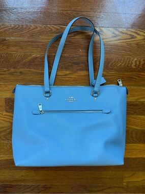 Coach Light Blue Leather Tote with Front Zip Pocket